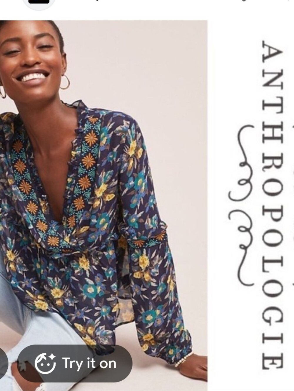 Anthropologie Meadow Rue Navy Floral Embroidered V-Neck Blouse